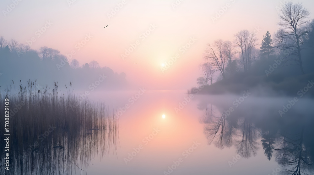 Fototapeta premium Misty morning forest lake with a perfect mirror reflection .