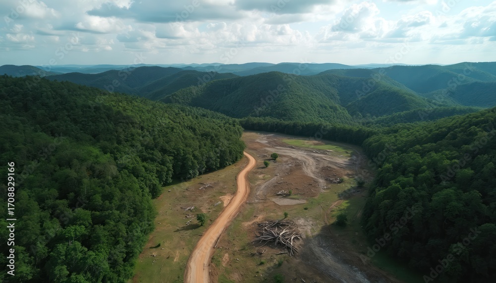 Fototapeta premium Aerial view shows contrast between dense green forest, cleared land with dirt road. Evidence of logging activity, fallen trees, barren earth visible at forest margin. Hills stretch to horizon under