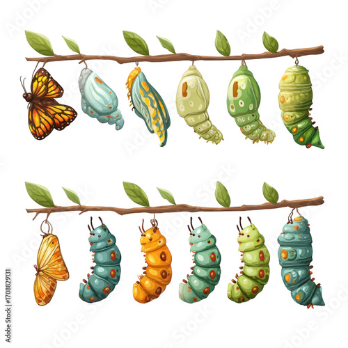 Detailed Illustration of Butterfly Life Cycle Metamorphosis Stages.