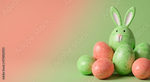 Banner background with easter painted eggs and easter bunny, green and coral pastel colors. Backdrop for or poster, greeting card for Easter and spring time, space for text or logo