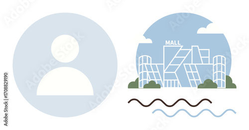 Abstract user avatar beside a contemporary shopping mall with glass facades, trees, clouds, and stylized water waves. Ideal for retail, cityscape, commerce, user interaction, design business