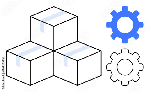 Three stacked boxes with blue tape alongside blue and white gears symbolizing workflow, logistics, automation, supply chain, production, packaging, and efficiency. A simple flat metaphor