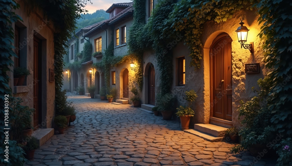 Fototapeta premium Enchanting twilight scene of narrow cobbled street in old town. Stone buildings draped in ivy feature glowing lanterns, warm light from windows. Mysterious, magical atmosphere evokes old-world charm,