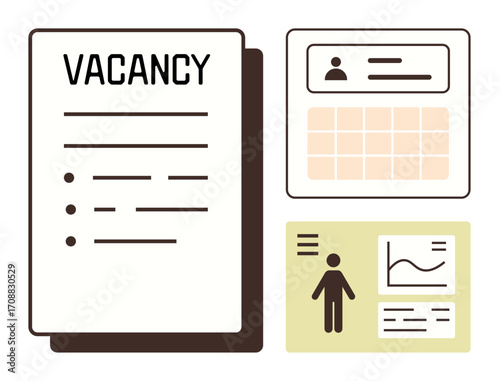 Vacancy document, resume layout, user profile card, analytical chart. Ideal for HR, employment, hiring, job search career development recruitment workforce planning. Clear simple flat metaphor