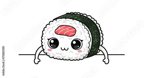 Cute kawaii sushi roll character peeking over a line with happy expression