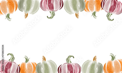 Rectangular watercolor frame of pumpkins and gourds for fall, harvest, Halloween and Thanksgiving. Seasonal border template with copy space for card, banner, invitation or design.