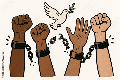 Diverse hands breaking chains with dove symbol of freedom and peace conceptual illustration