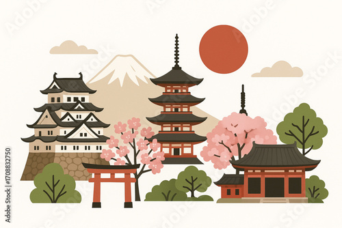 Traditional Japanese architecture with Mount Fuji pagoda, castle, torii gate, and temple illustration