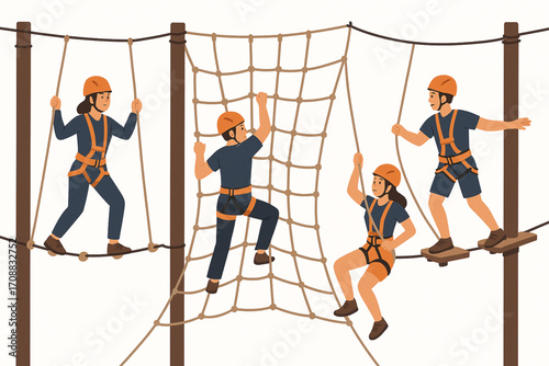People on ropes course adventure park vector illustration climbing and balancing with safety gear