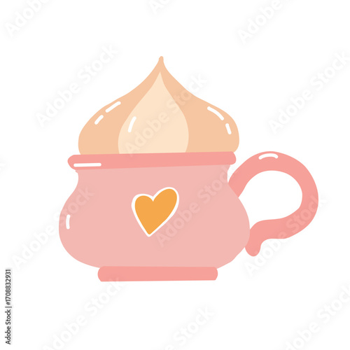 Illustration of cute pink mug with whipped cream. Mug with a heart isolated on white background. Vector flat illustration. Autumn attribute