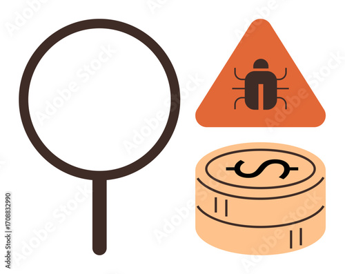 Magnifying glass, bug attention triangle, and coin stack symbolizing investigation, error detection, cybersecurity, investment, financial risks, fraud prevention, banking and accountability in