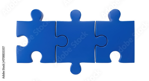 Isolated three blue puzzle pieces connected together, a concept of teamwork, connection