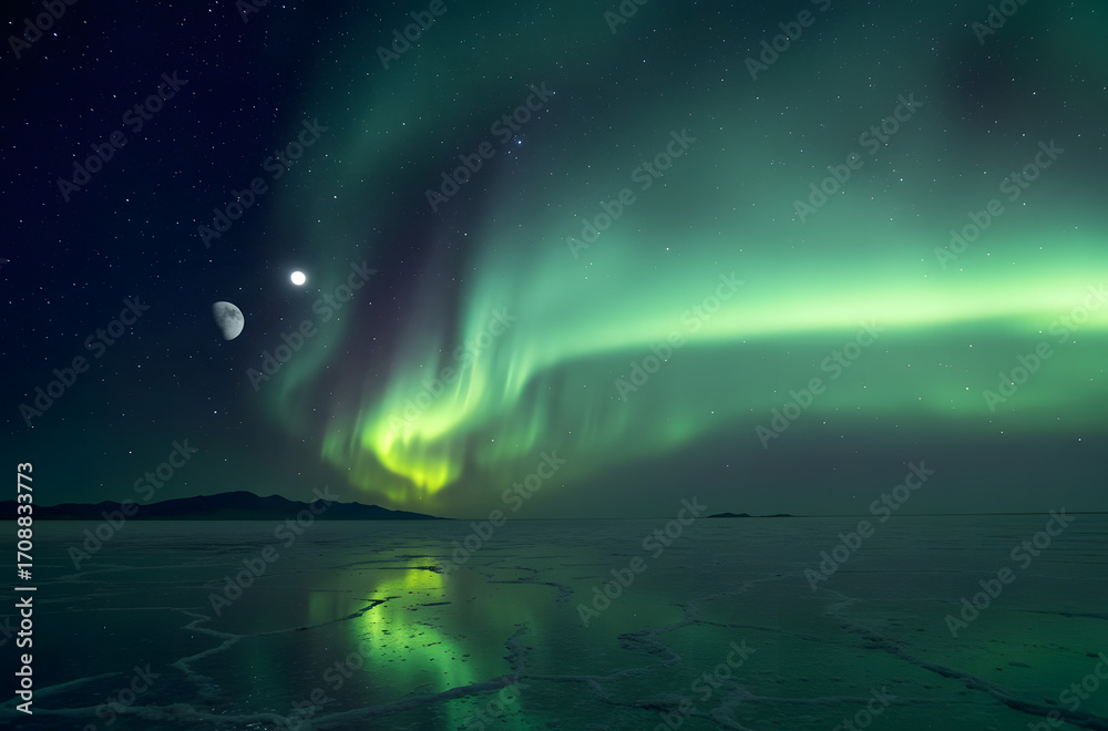 Naklejka premium Green aurora over frozen flats with moon reflection