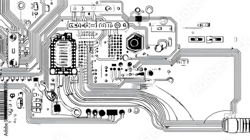 Detailed view of a complex electronic circuit board layout.
