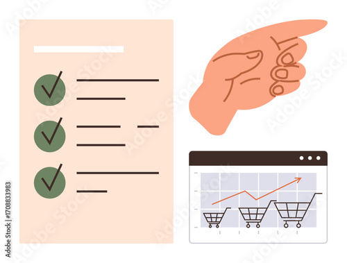 Checklist with green ticks, hand pointing for direction, and upward sales chart. Ideal for planning, productivity, goal tracking, business growth, project management, evaluation decision-making