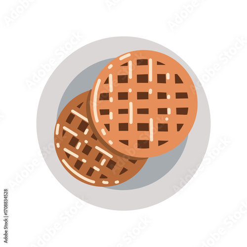 Illustration of round belgian waffles on a plate. Vector flat illustration, hand drawn. Clipart of food, pastries, sweets.