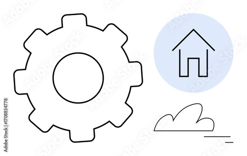 Gear shape, outlined house, soft cloud, minimal line design. Ideal for technology, home automation, innovation, teamwork, housing industry energy efficiency simple landing page
