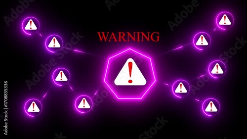 Neon red warning sign network diagram with exclamation marks on black background alert danger.exclamation marks warning symbol. system alert icon animation .