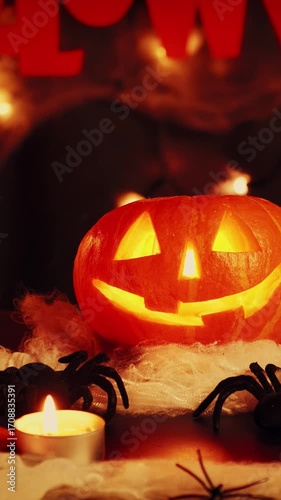 Halloween background with lighting spooky face on carved pumpkin. Vertical video