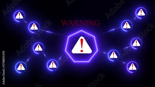 Neon red warning sign network diagram with exclamation marks on black background alert danger.exclamation marks warning symbol. system alert icon animation .