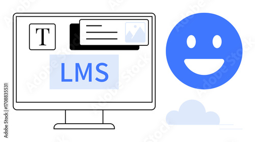 Desktop screen displaying LMS features thumbs up text, media, and cards alongside a smiling emoticon. Ideal for e-learning, education, engagement, online platforms, team collaboration, content