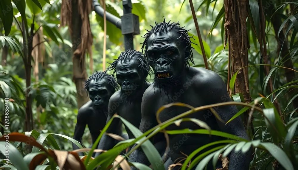Obraz premium Three dark figures with spiky hair in a jungle environment with dense green foliage around them on transparent background