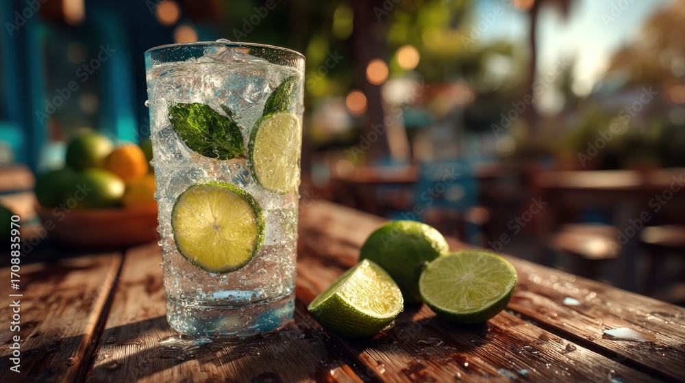 Fototapeta premium Refreshing summer drink with lime and mint, on a weathered wooden surface