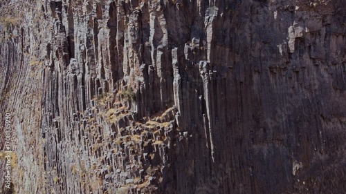 Aerial view of the Symphony of Stones in Garni, Armenia. Natural basalt columns from volcanic rock and major tourist destination.
