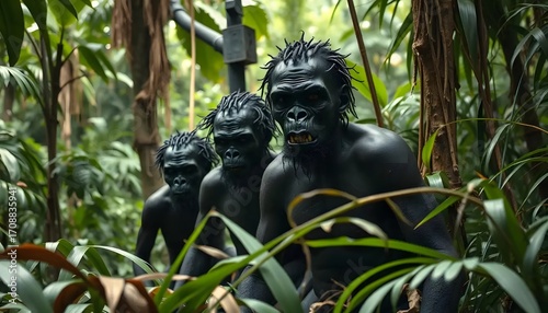 Three dark figures with spiky hair in a jungle environment with dense green foliage around them on transparent background