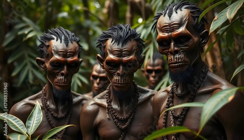 A group of tribal men with dark skin and intricate hairstyles standing in a dense jungle setting on transparent background
