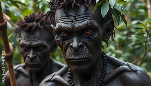 Close up of two dark skinned men with dreadlocks in a jungle environment with intense stares on transparent background