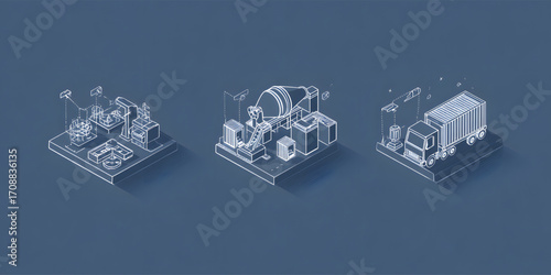 Isometric Illustrations of Industrial Machines and Vehicles on Blue Background.