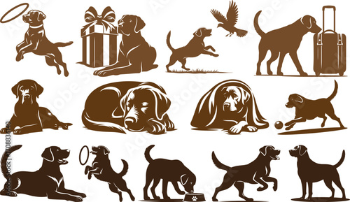 Collection of dog silhouettes in playful, sitting, running, and travel themes with suitcase, gifts, and pets. Perfect for t-shirt designs, logos, posters, stickers, and vector projects.
