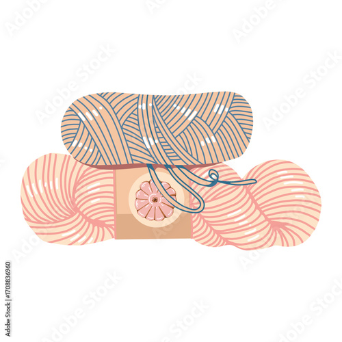 Composition of blue and pink yarn skeins. Balls of wool for knitting. Tools and equipment for knitting, needlework. Handicrafts, hobbies at home. Cartoon vector. Vector flat illustration of autumn and