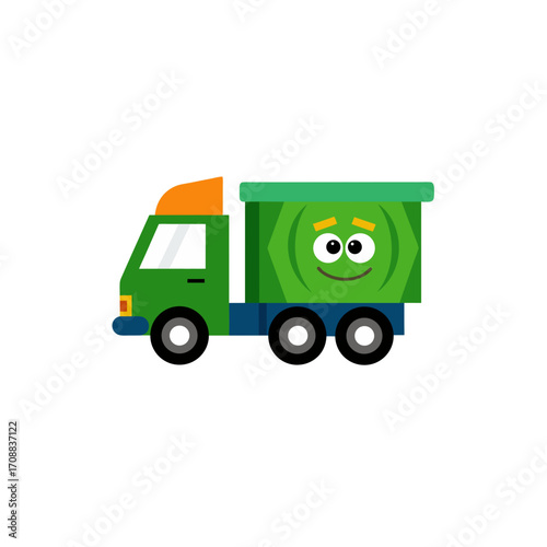 a cartoon garbage truck with animated eyes on the 