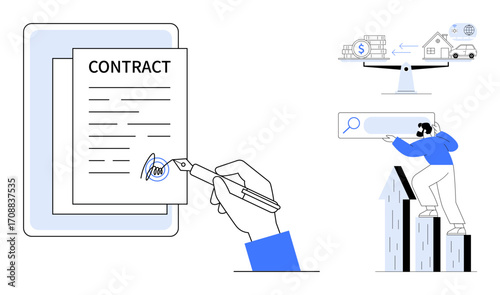 Hand signing a contract, financial scales balancing assets, person searching for housing options, growth concept. Ideal for legal agreements, financial advice, real estate, investment, decision