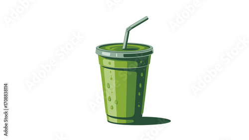 Refreshing green smoothie in a plastic cup with a straw.