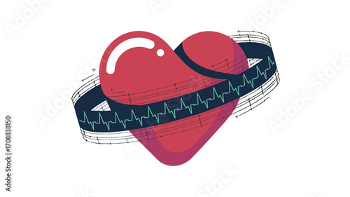 A digital representation of the human heart with a wrapped electrocardiogram.