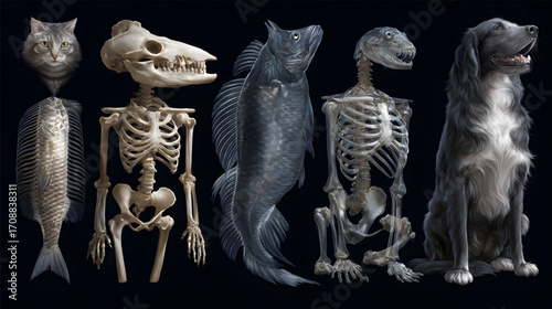 Surreal assembly of chimeras skeletons and animals on black background.