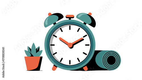 A stylish illustration of a teal alarm clock, a yoga mat, and a small potted plant.