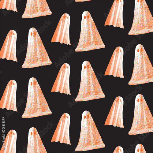 Seamless halloween bedsheet ghost pattern, halloween illustration vector, line drawing vintage style.