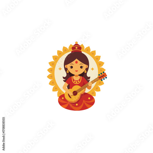 cute saraswati devi with veena  artistic mandala b