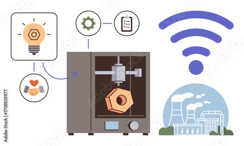 3D printer crafting object, ideas and planning icons, wireless network, industrial plant highlighting creative design, teamwork, tech synergy. Ideal for innovation, IoT, industry sustainability