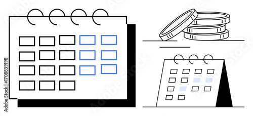 Calendar with marked dates and stack of coins conveying time management, budgeting, and deadlines. Ideal for finance, scheduling, organization, time management, business planning, resource