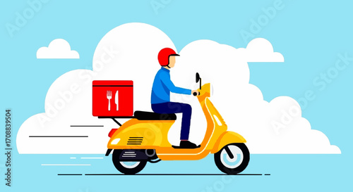 flat vector illustrations A delivery person riding a scooter, carrying a food box, against a blue sky backdrop