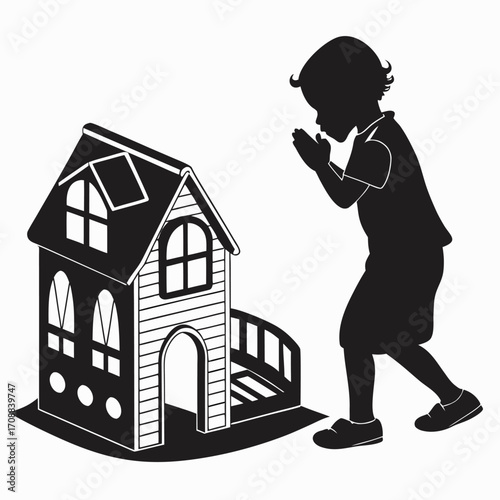 Child clapping near toy house