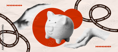Halftone retro collage with piggy bank, saving money concept, abstract torn paper cutout  with hands and typography elements
