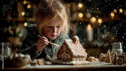 Christmas Gingerbread House – Cute Little Girl Decorating Holiday Cookies 4K
