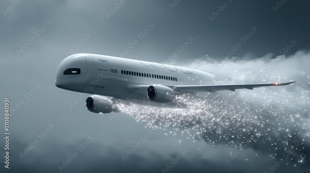 Naklejka premium Airborne Ascent: A sleek, modern airliner soars gracefully against a dramatic, stormy backdrop, leaving a trail of shimmering energy in its wake, symbolizing speed and progress.