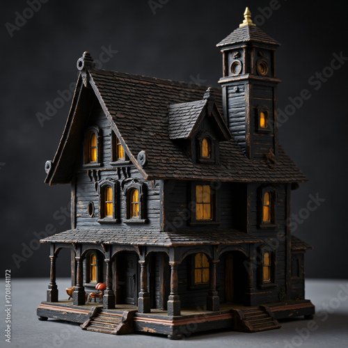 isolated haunted house miniature, gothic style, product photography